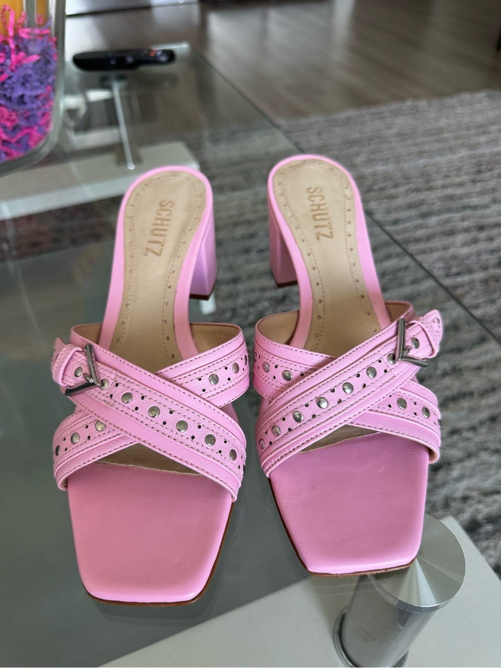 Schutz Pink Leather Block Heel Slide Sandals - Picture 4 of 6